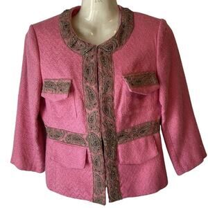 Walter Women Jacket Size 2/XS Tweed Barbie Pink Sequins Lace Trim Office Career